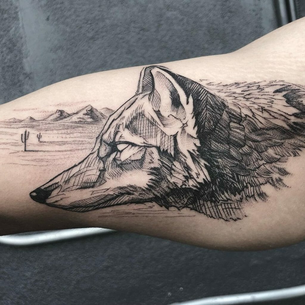 Desert Themed Coyote Tattoo Idea For The Bold People