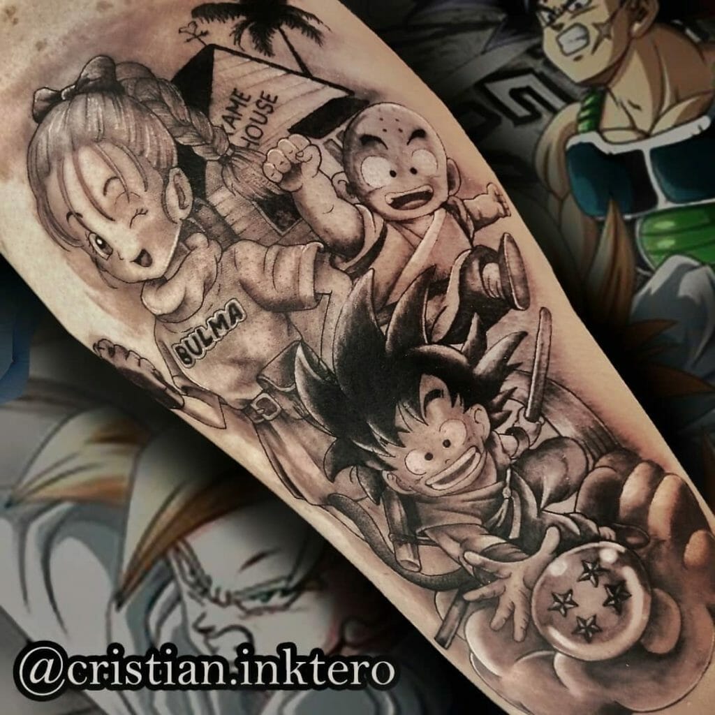 Dragon Ball Tattoo Design With Bulma, Goku, And Krillin For Fans Of The Original Dragon Ball Show