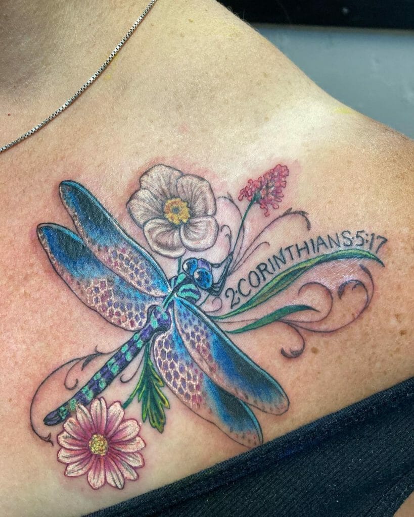 Dragon Fly with Bible Verse Tattoo