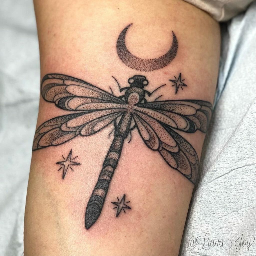 Dragon Fly with Moon Crescent Tattoo