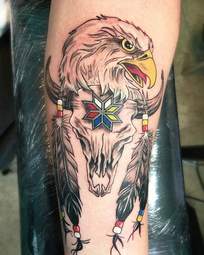 Eagle Feather And Buffalo Skull Tattoo