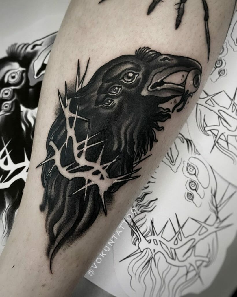Eccentric Corvus Tattoo With The Crown Of Thorns