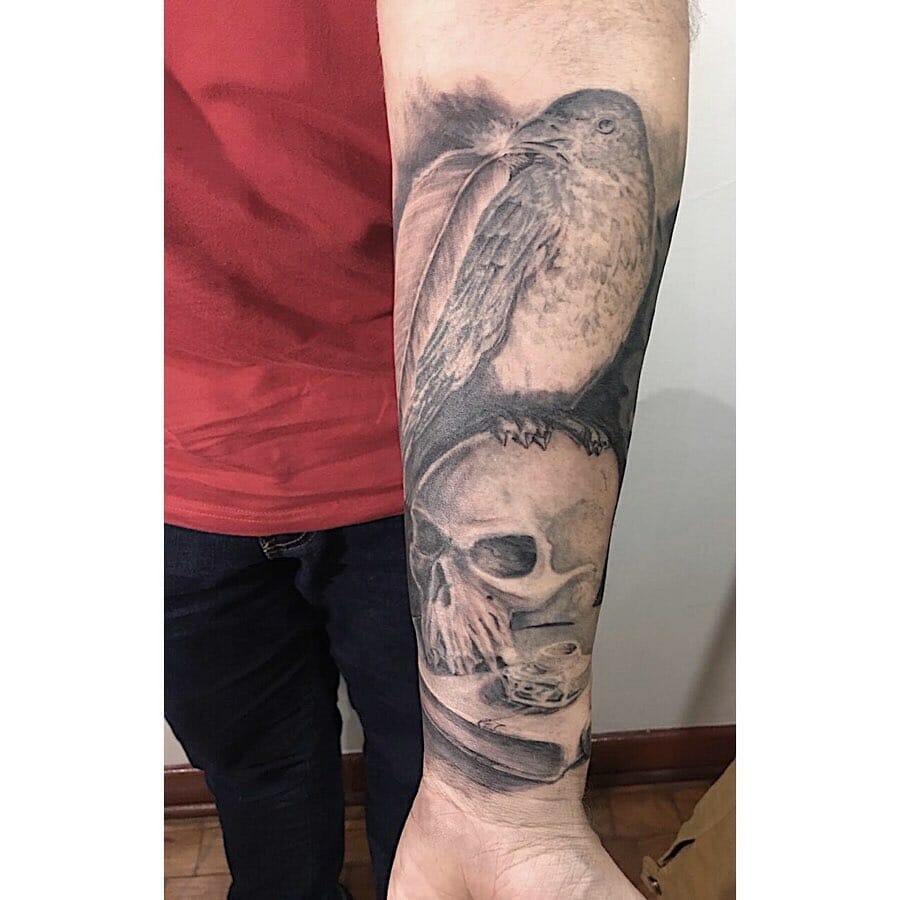 Edgar Allan Poe Raven and Skull Tattoo