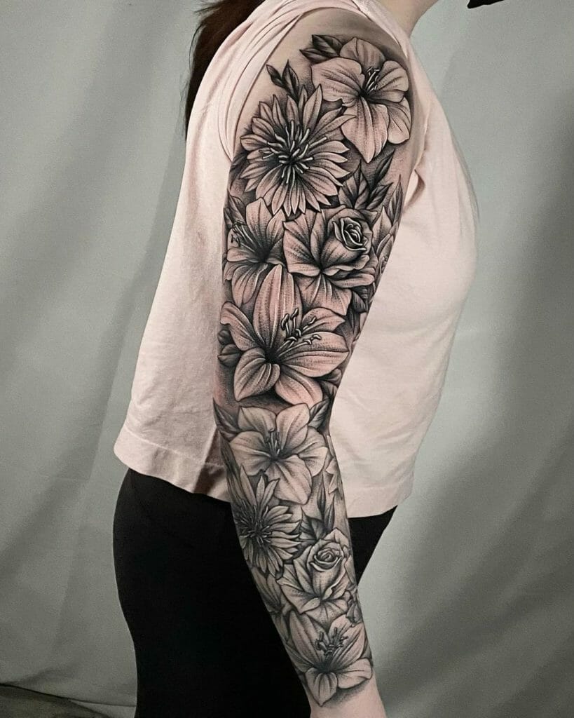 Elaborate And Detailed Flower Sleeve Tattoo