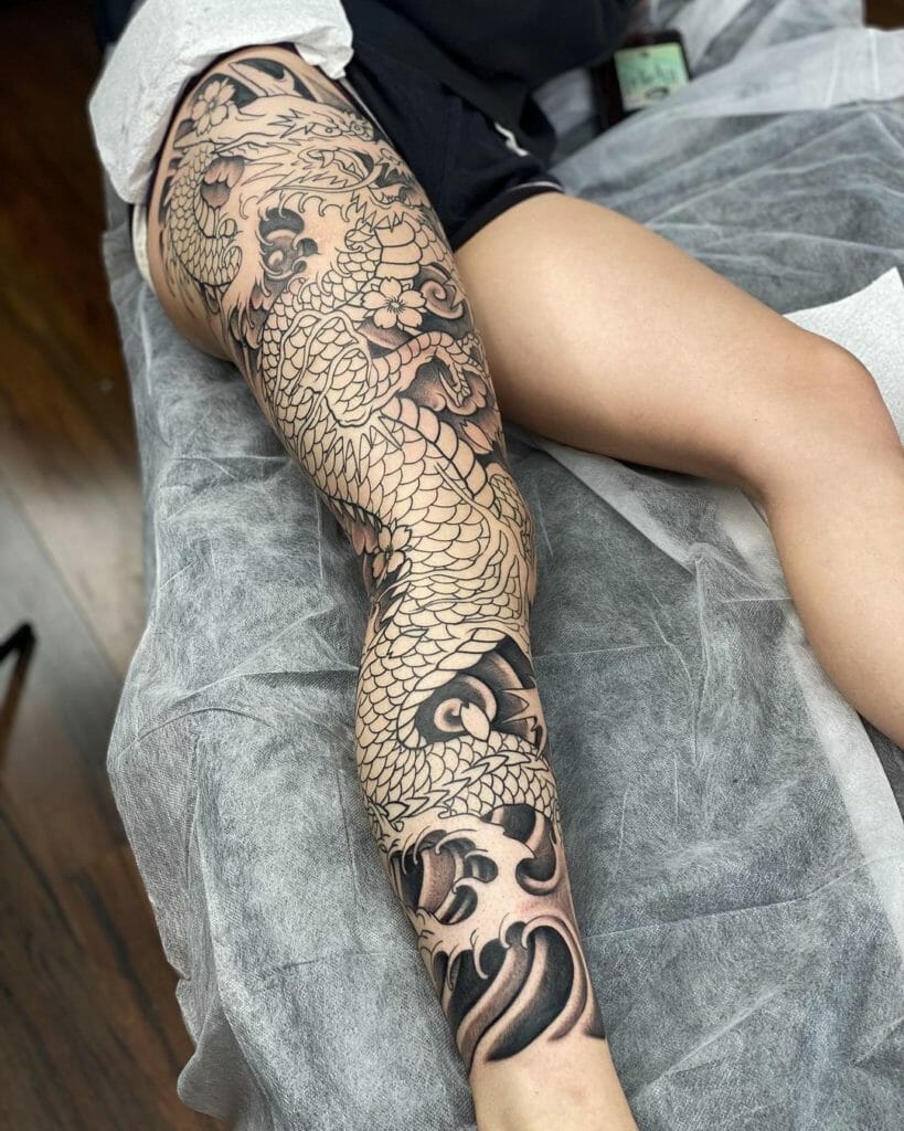 Elaborate Dragon Thigh And Leg Tattoo