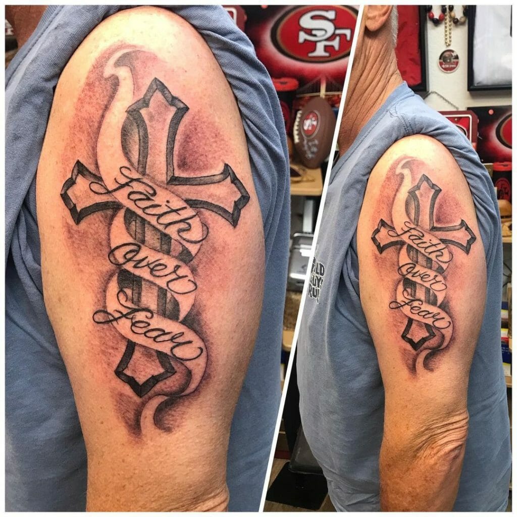Faith Over Fear Tattoo Laced Around A Cross