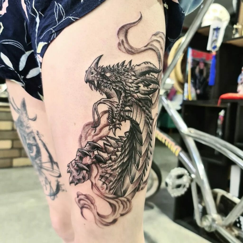 Fierce Dragon Thigh Tattoo