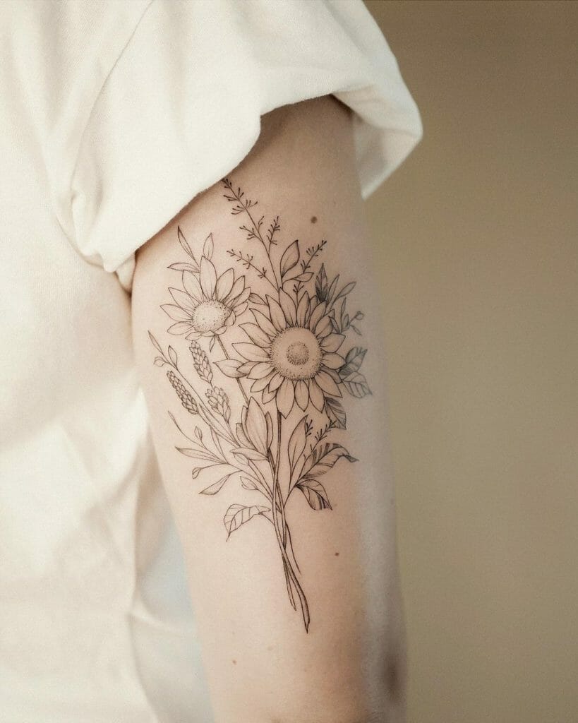 Fine Line Flower Bouquet Tattoo