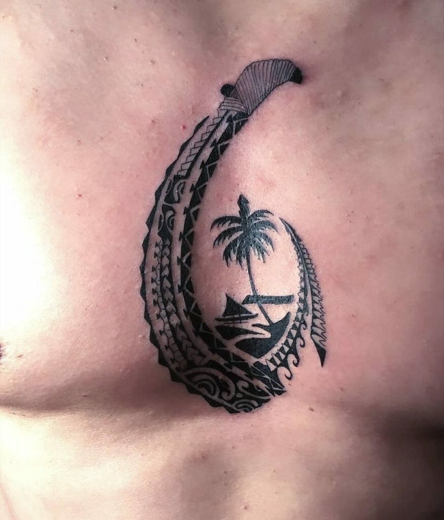 Fish Hook Tattoo With Island Motif