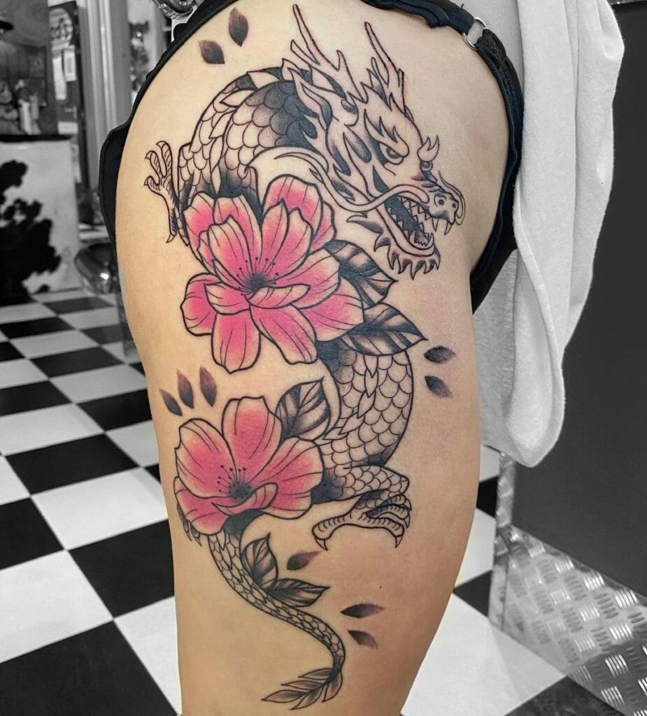 Floral Dragon Thigh Tattoo