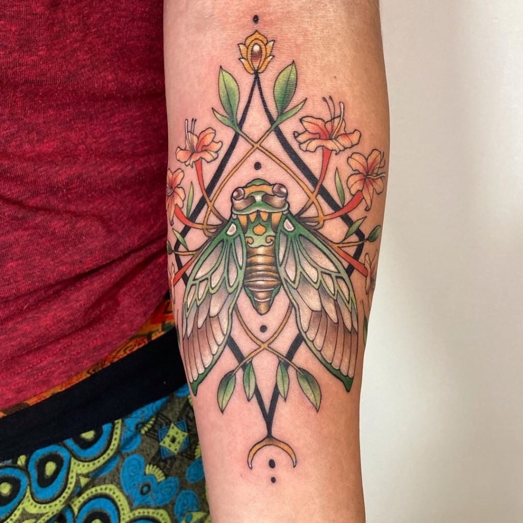 Floral Geometric Cicada Tattoo