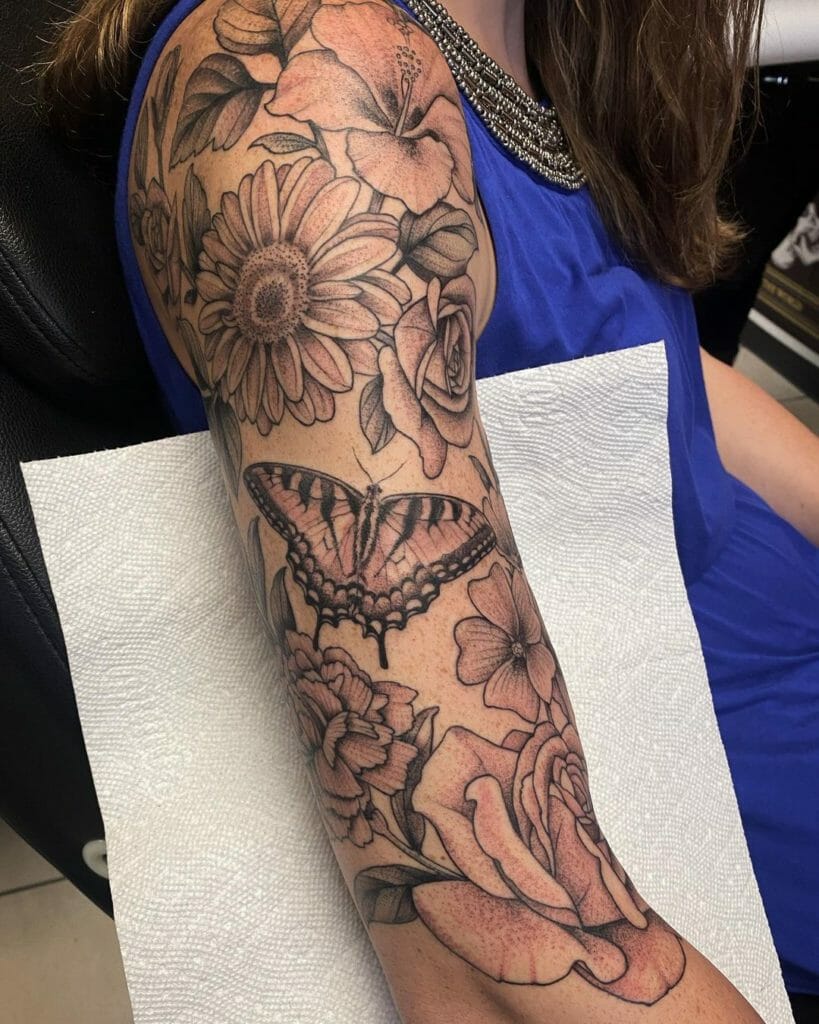 Flower with Butterfly Sleeve Tattoo