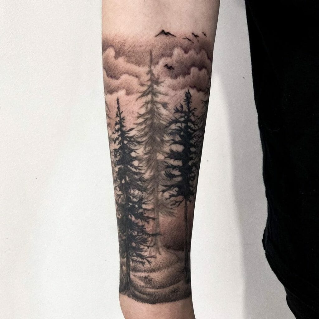 Forest Sleeve Pine Tree Tattoo