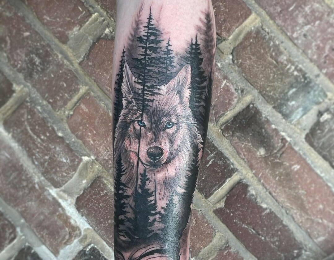 Wolf In Forest Tattoo On Arm Sleeve by Justyna Kurzelowska1