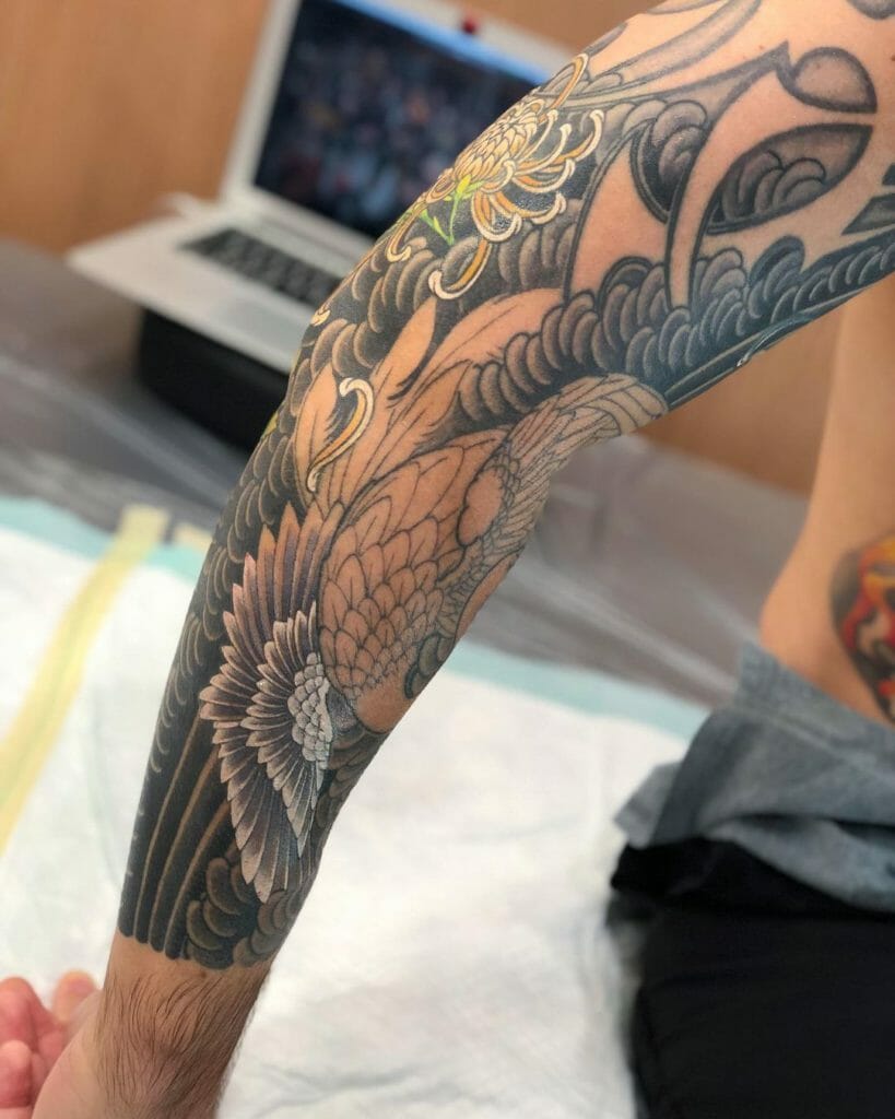 Full Sleeve Crane Tattoo