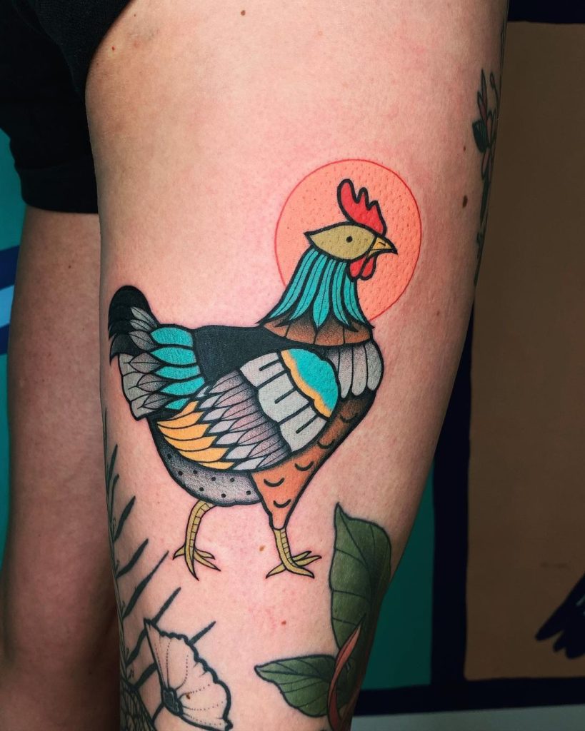Geometric And Colourful Chicken Tattoo