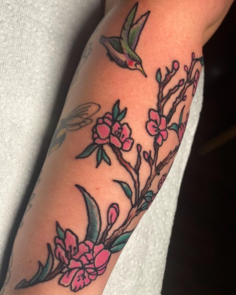 Hummingbird With Japanese Cherry Blossom Back Tattoo Designs