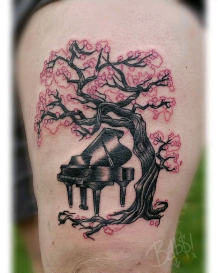 Japanese Cherry Blossom Tree With Piano Tattoo