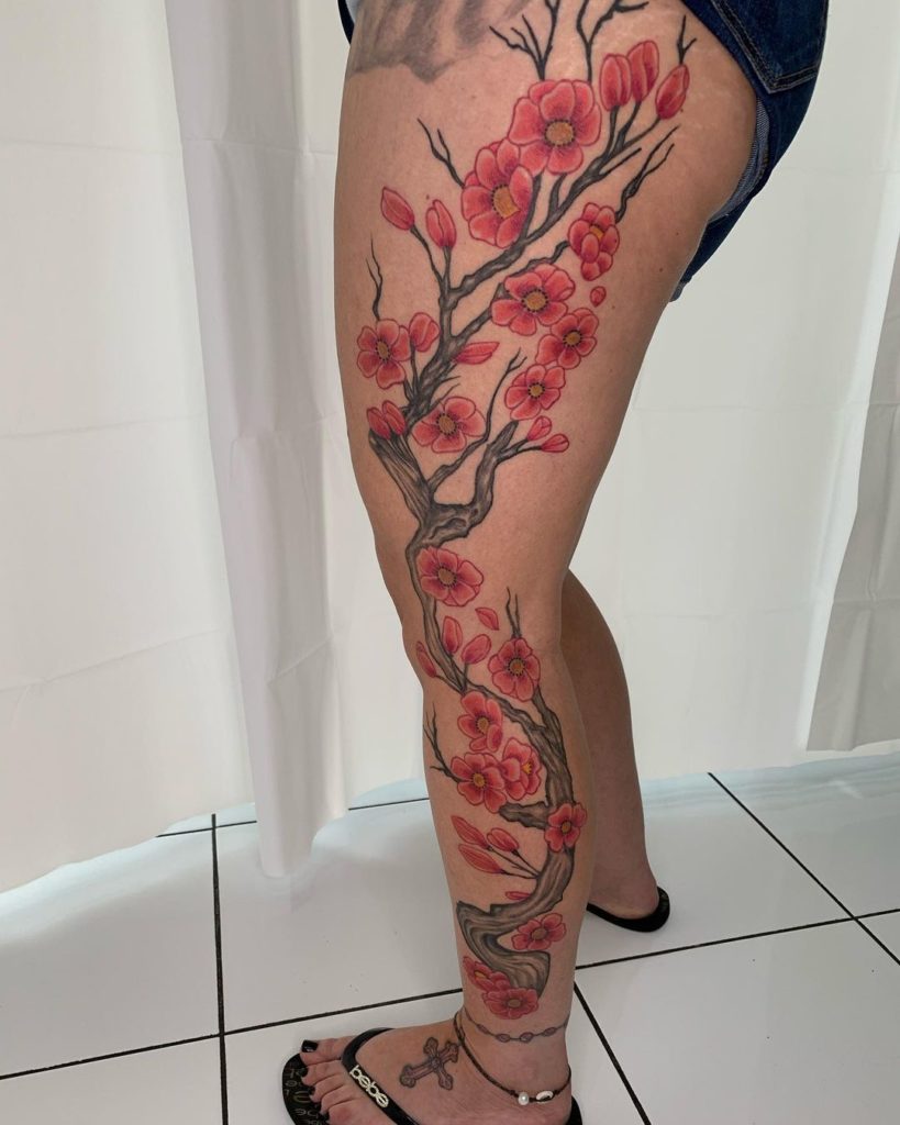 Japanese Cherry Blossom Tree With Pink Flowers Leg Tattoo Ideas