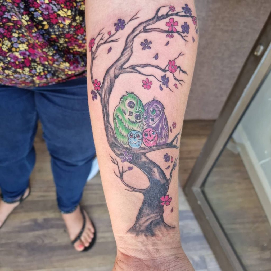 Japanese Cherry Blossom Trees With An Owl Tattoo Design