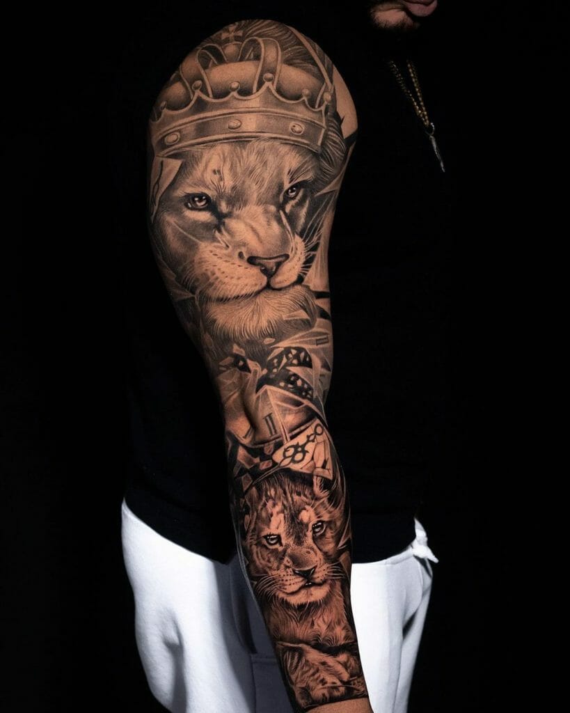 Lion With Crown Tattoo Full-Arm Tattoo Design