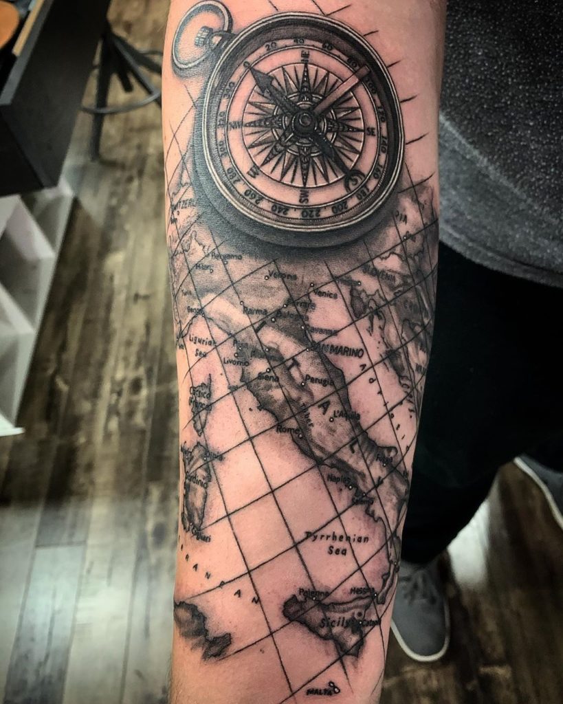 Map And Compass Tattoo For Explorers