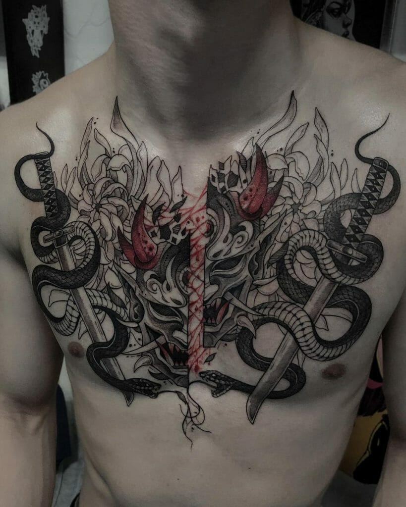 Mirrored Chinese Dragon Tattoos With Daggers