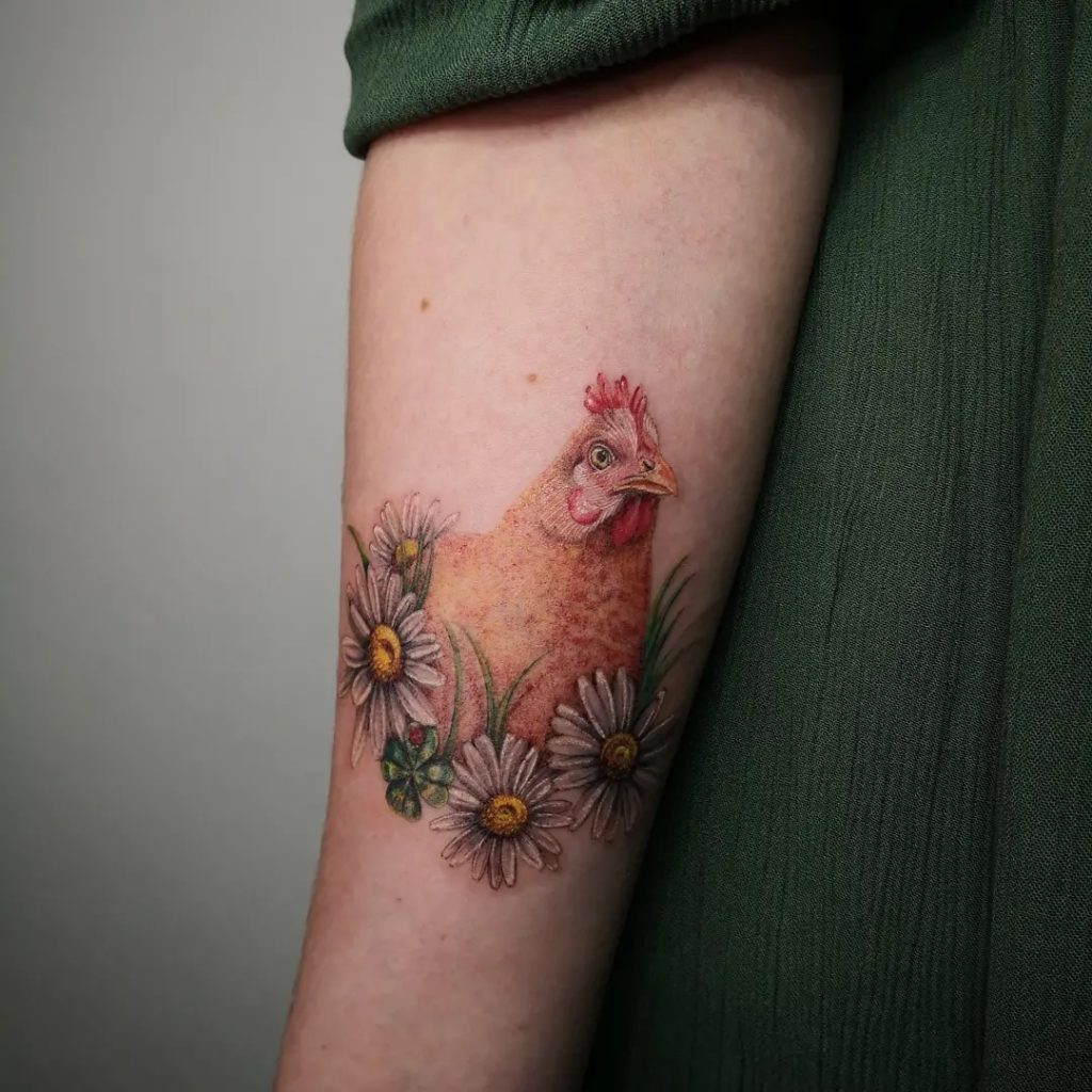 Realistic Floral Chicken Tattoo