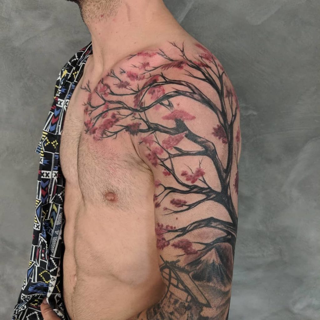 Realistic Japanese Cherry Blossom Tree Shoulder Tattoo Ideas
