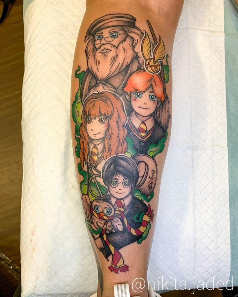 Ron, Hermione, Harry Potter, And Dumbledore Tattoo
