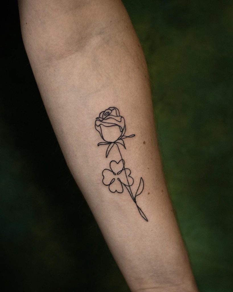 Rose And Clover Fine Line Tattoo
