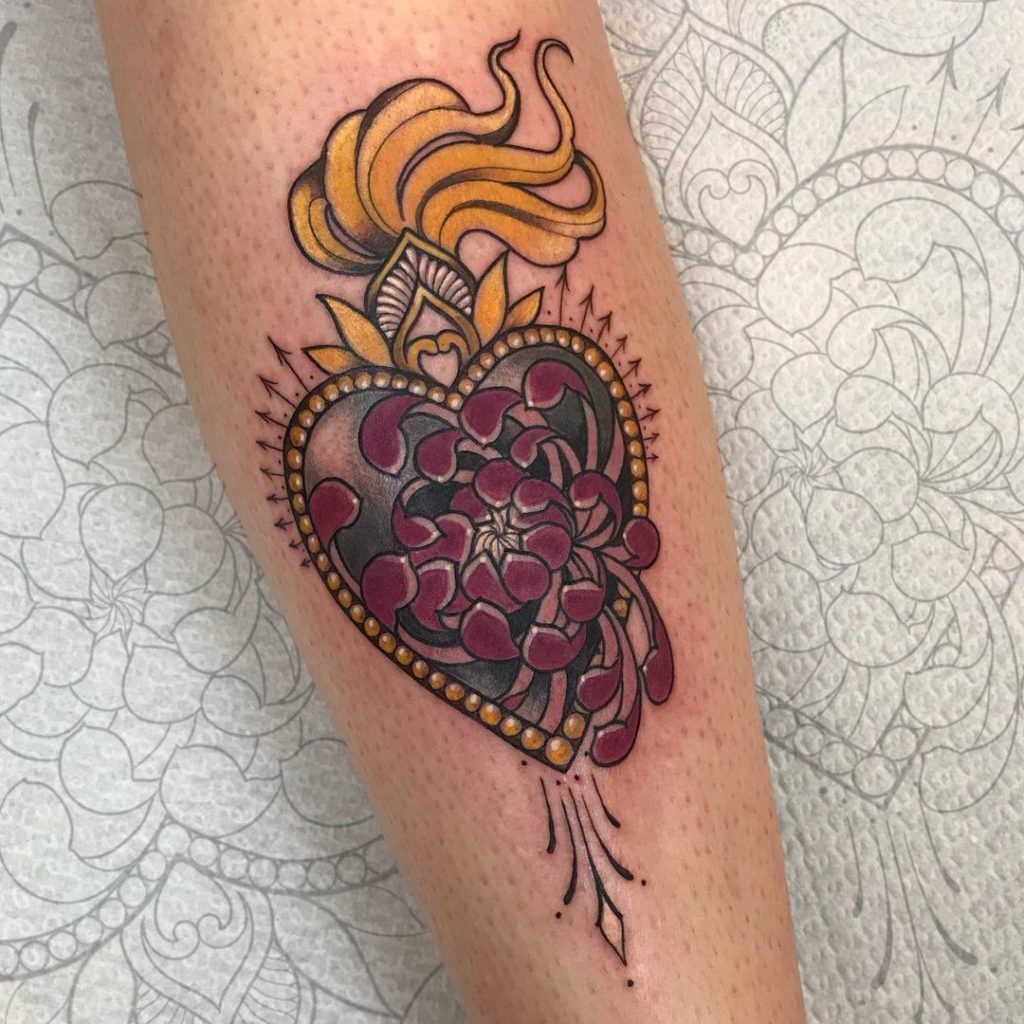 Sacred Heart Chrysanthemum Tattoo