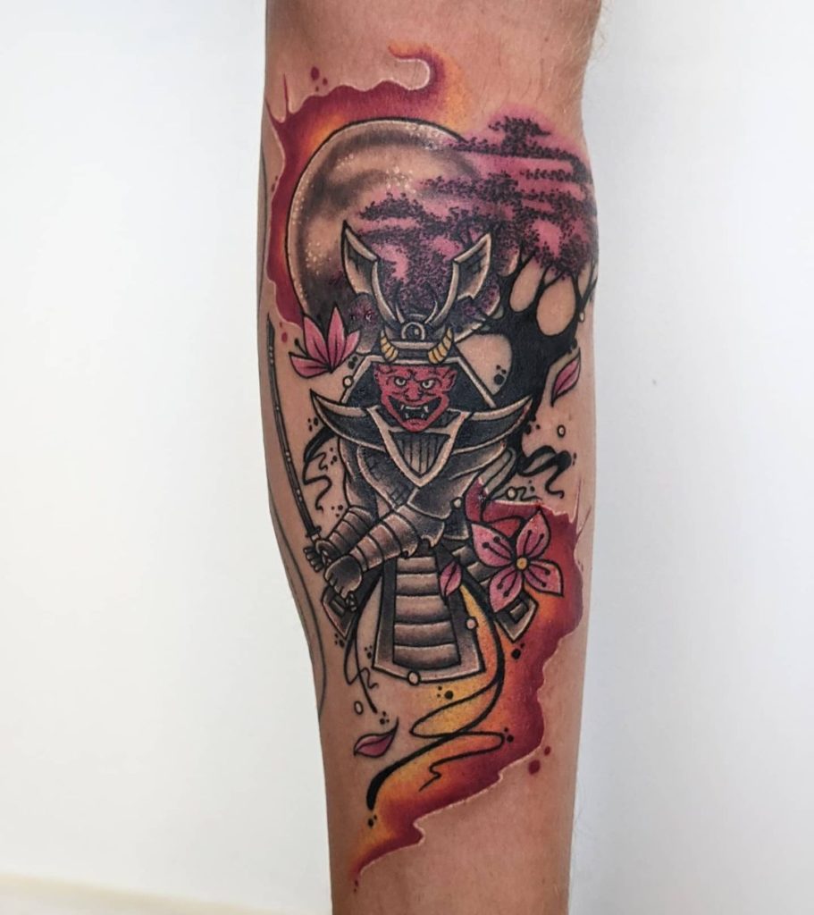 Samurai With Cherry Blossom Tree Tattoos