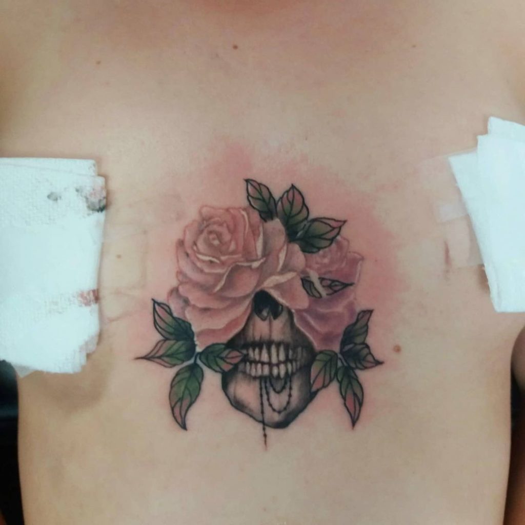 Skull Floral Chest Tattoo