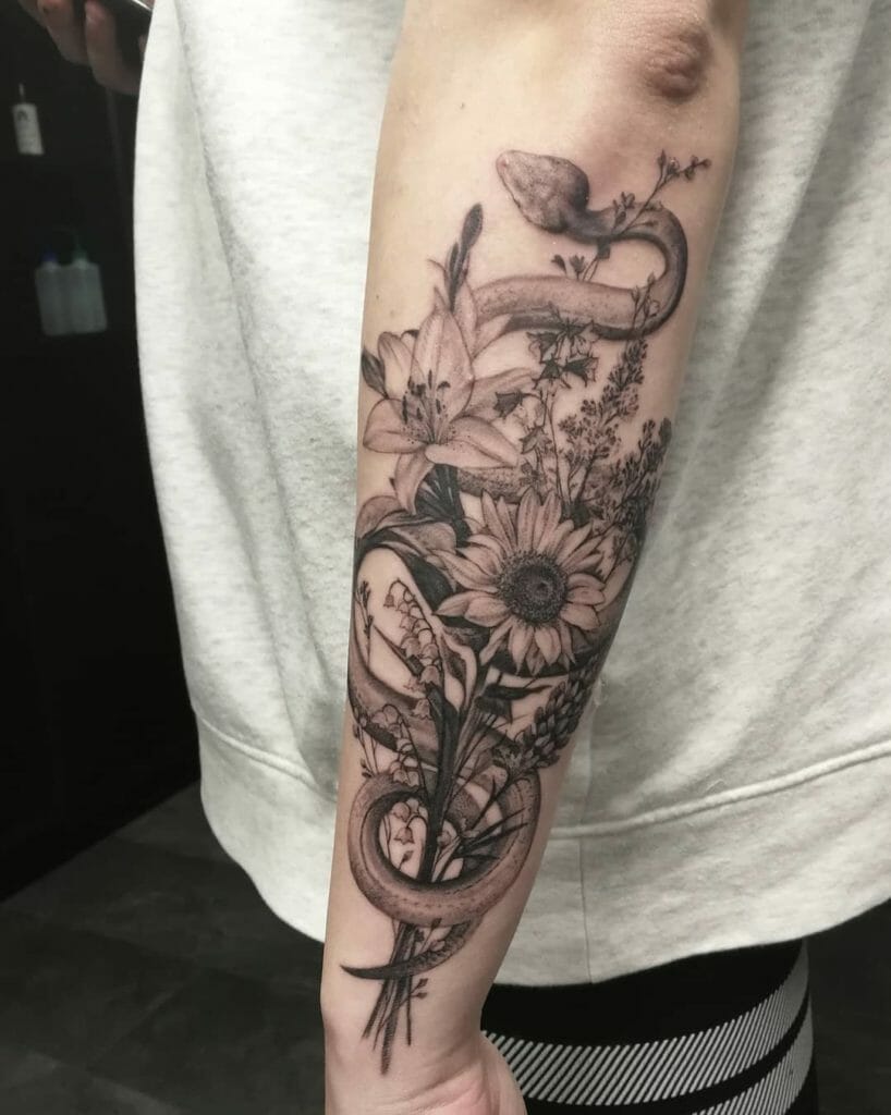 Snake And Flower Bouquet Sleeve Tattoo