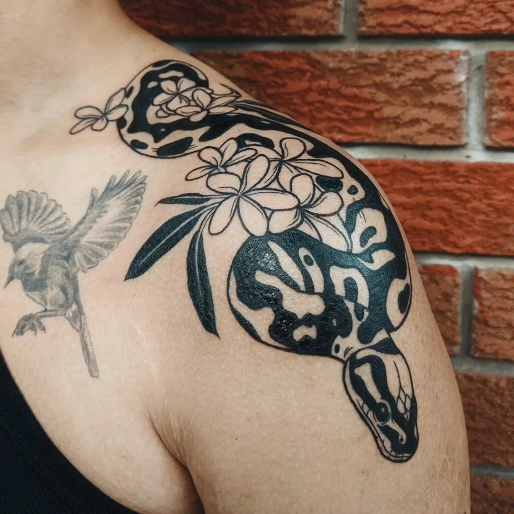 Snake And Flower Shoulder Tattoo