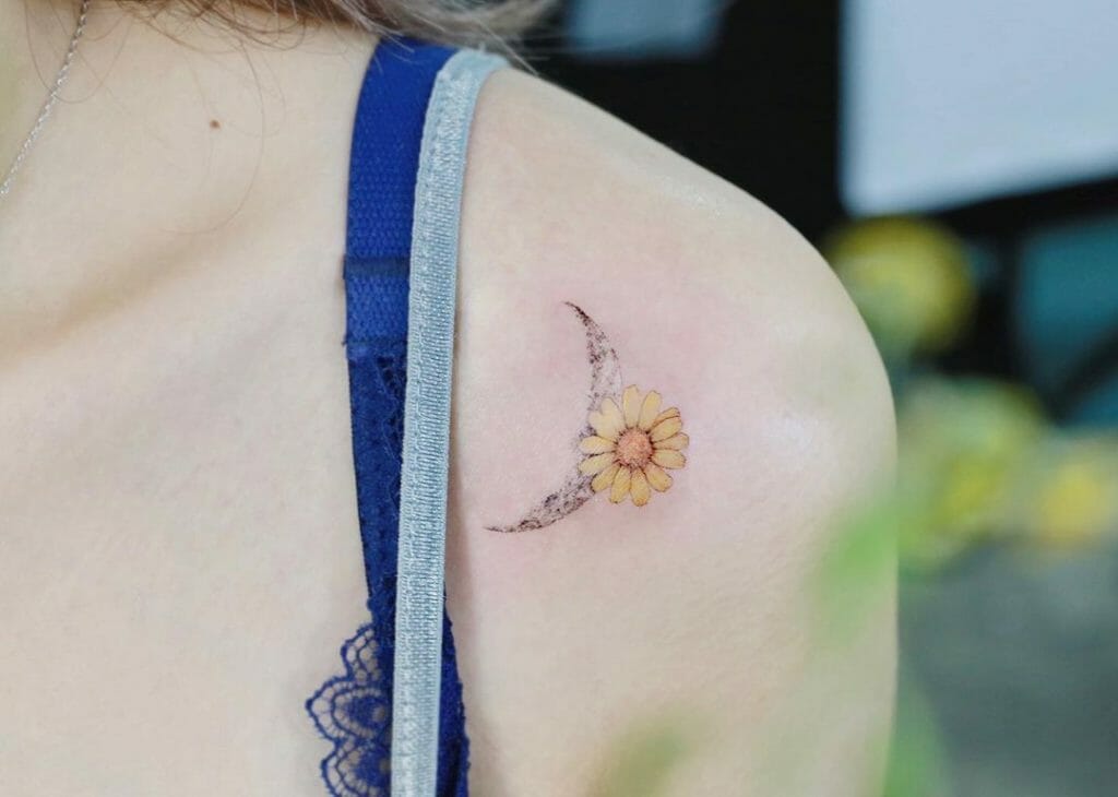 The Moon And Yellow Daisy Tattoo Of Friendship