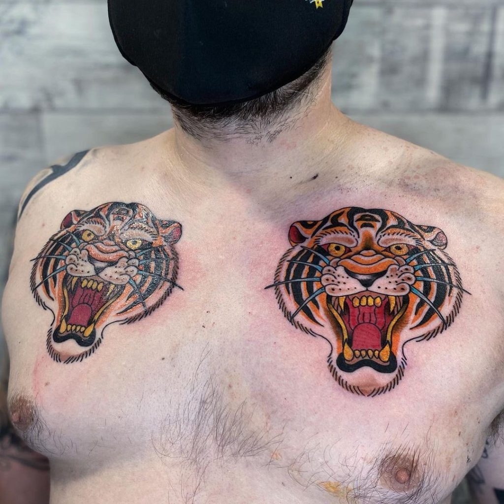 Traditional Chest Tattoo Of Two Roaring Tigers