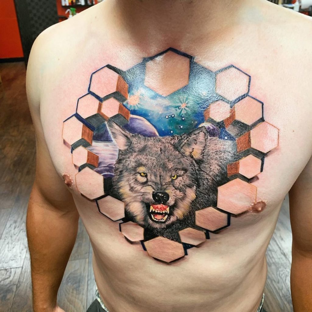 Tribal Chest Tattoo Of A Wolf