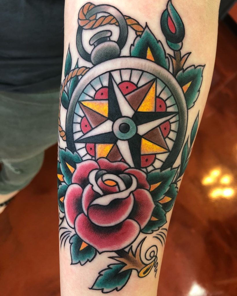 Vibrant And Colorful Compass Rose Tattoo Ideas