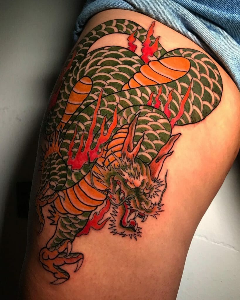 Vibrant Dragon Thigh Tattoo
