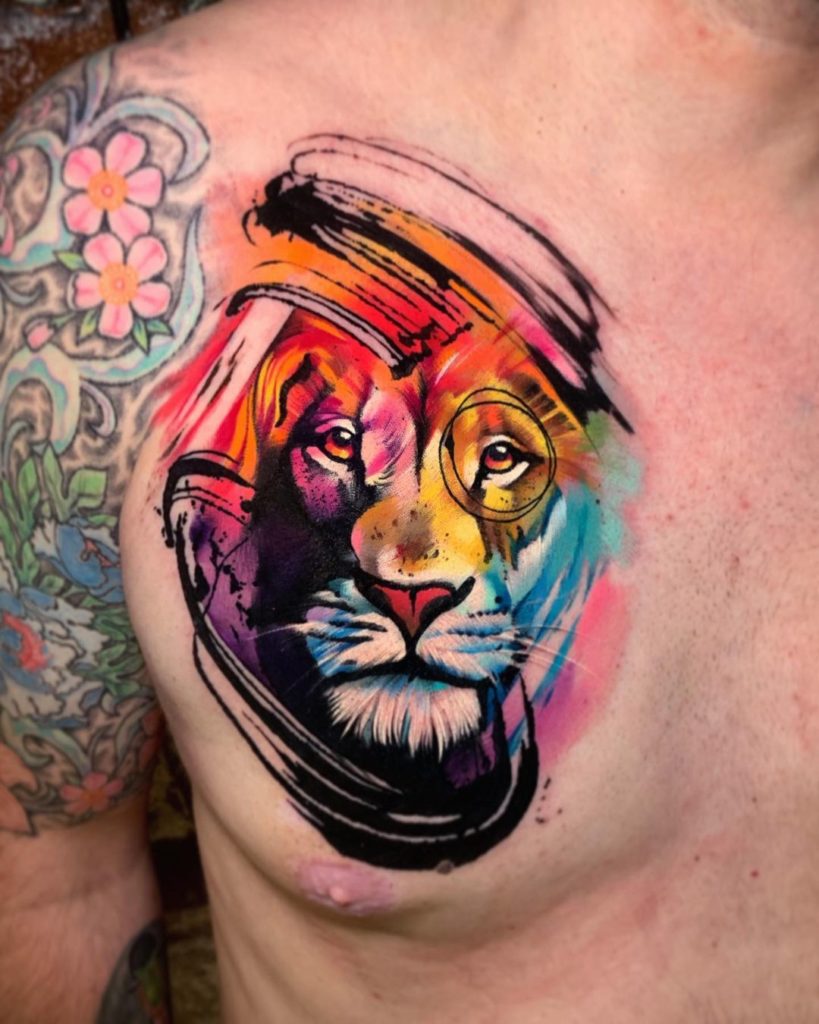 Vibrant Lion Chest Tattoo