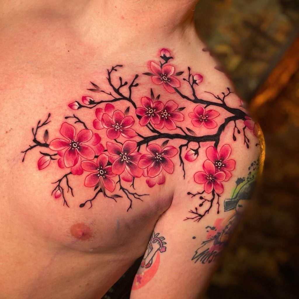 Vibrant Shoulder Cherry Blossom Tattoo