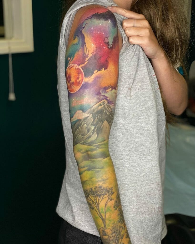 Vibrant Watercolour Forest Sleeve Tattoo