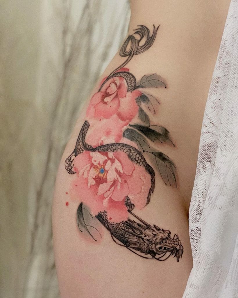 Watercolour Dragon Thigh Tattoo