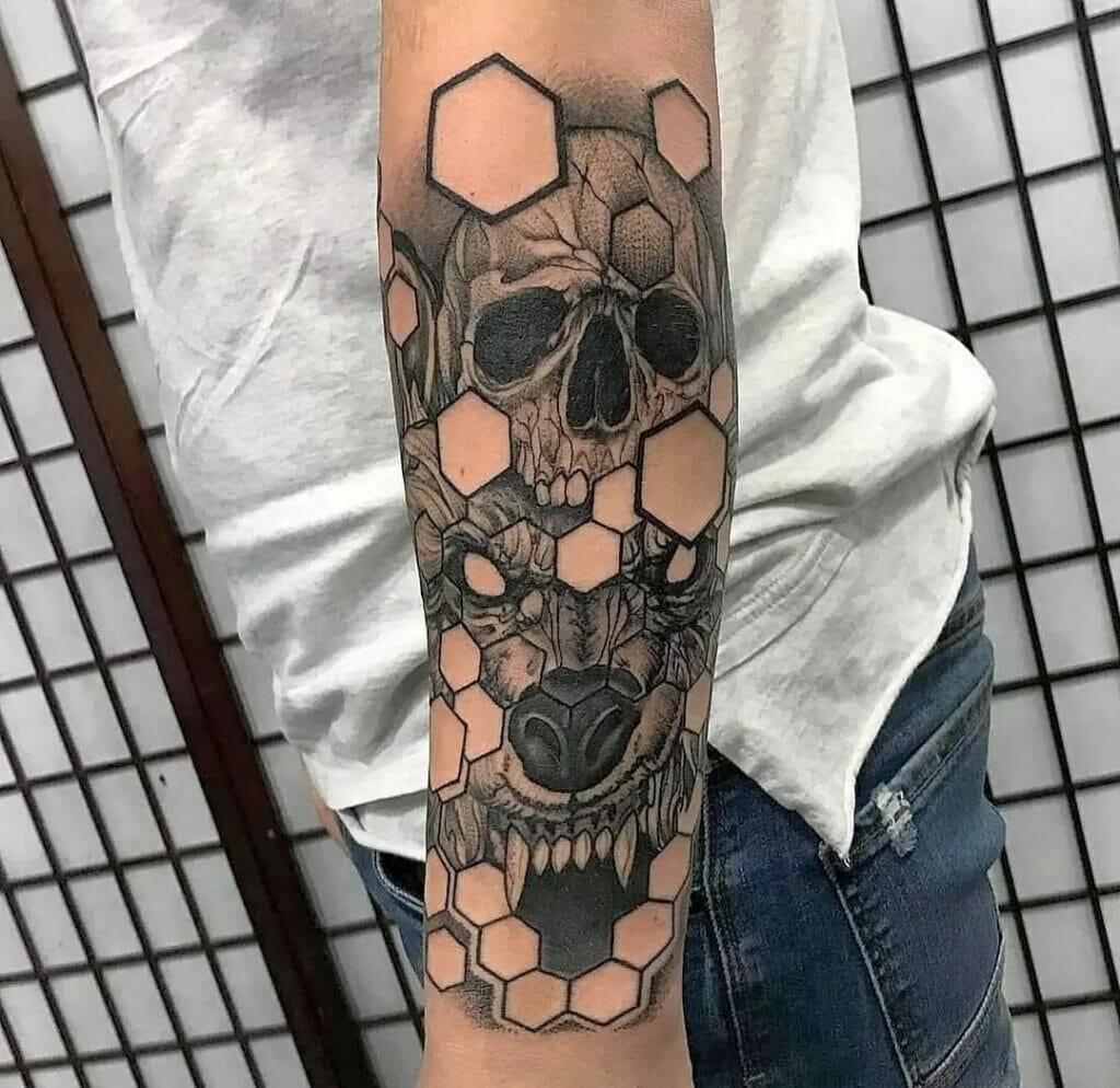 Abstract Skull And Wolf Forearm Sleeve Tattoo