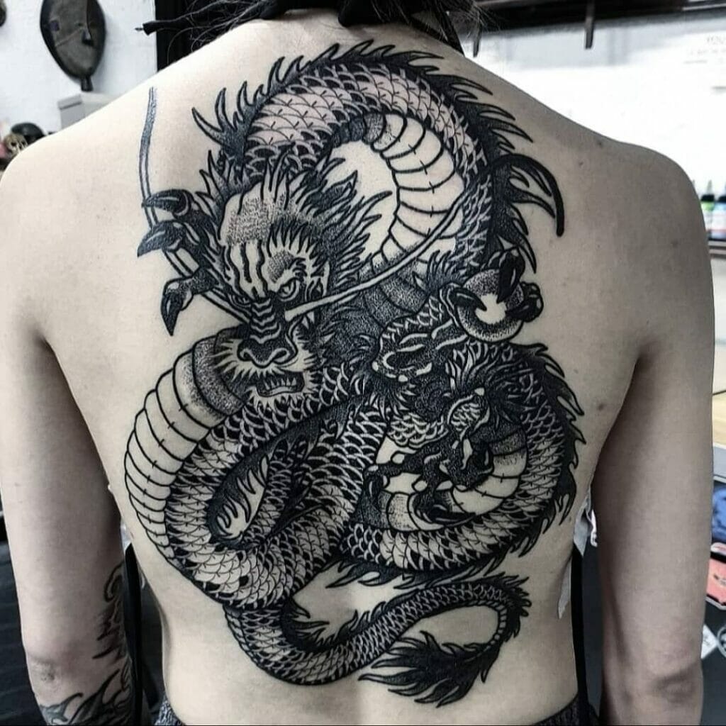 Black And Gray Japanese Dragon Back Tattoo Ideas