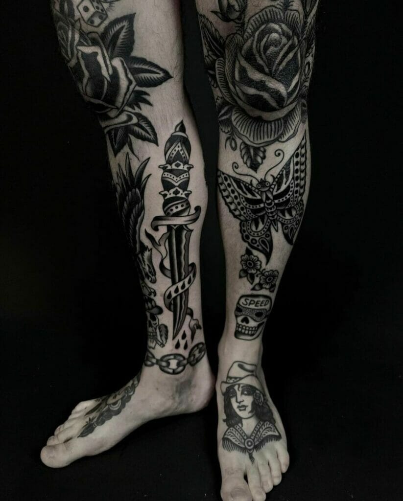 Black And Gray Rose Traditional Knee Tattoo