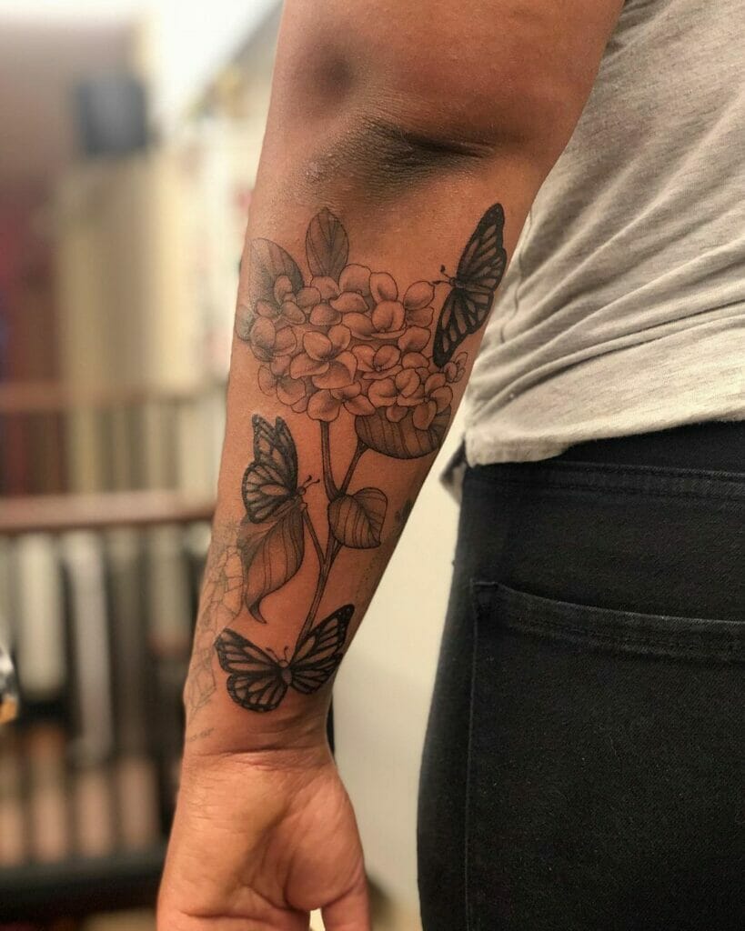 Black And White Hydrangea With Butterflies Tattoo