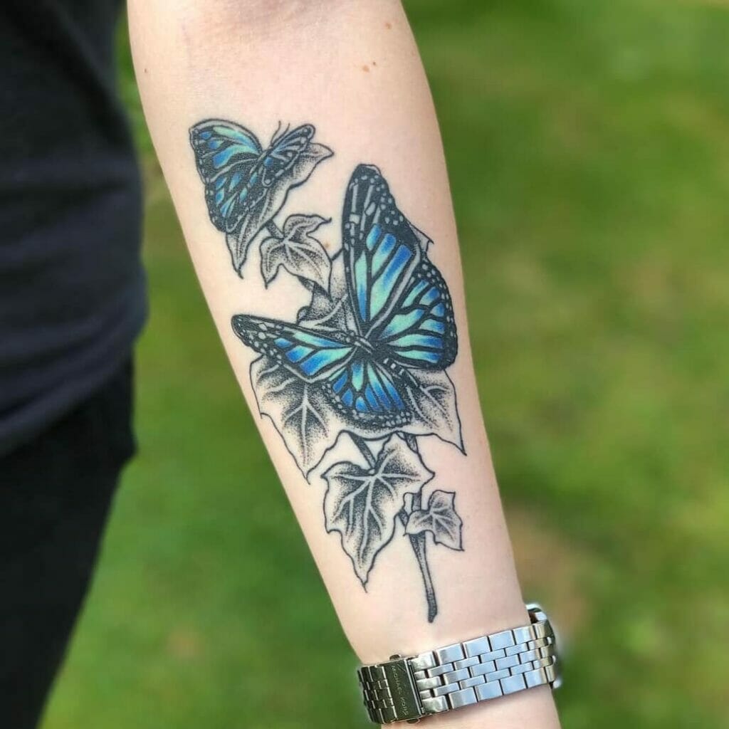 Charming Ivy Tattoo With Blue Butterflies